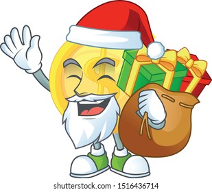 Santa with gift gold coin cartoon character mascot style