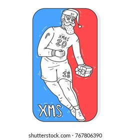 Santa with a gift in his hand in a sports suit playing basketball, New Year 2018, Christmas illustration. Vector line sketch