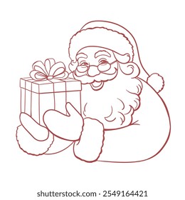 Santa with a gift in his hands, red outline, contour, silhouette, lineart, vector illustration, image