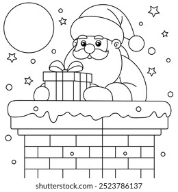 Santa and Gift on Chimney Outline Coloring Page. Christmas and Winter Illustration 