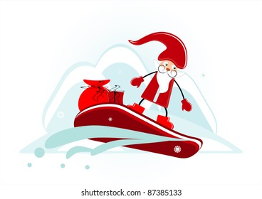 santa with gift on snowboard