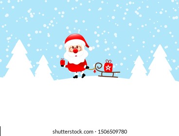 Santa With Gift Pulling Sleigh Snow And Forest Blue