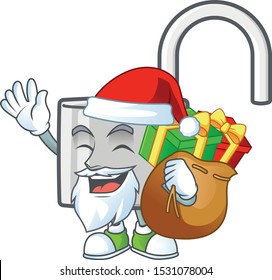 Santa with gift silver unlock key on white background.