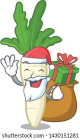 Santa with gift white radish in a cartoon fridge