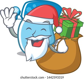 Santa with gift winter gloves in the cartoon shape