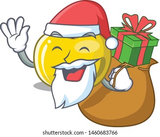 Santa with gift yellow apple in a cartoon basket
