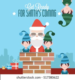 Santa with gifts in the chimney with gifts and elves