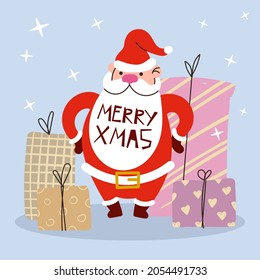 Santa with gifts. Christmas hand drawn illustration