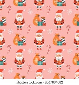 Santa with gifts and sweets, vector seamless Christmas pattern