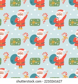 Santa with gifts and sweets, vector seamless Christmas pattern.