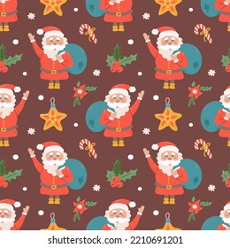 Santa with gifts and sweets, vector seamless Christmas pattern.