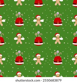 Santa and Gingerbread in Christmas theme with snow and green color background: vector illustration seamless pattern design for Christmas gift wrapping and card.