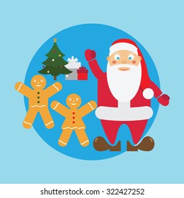 Santa with gingerbread man waving. In the background, a Christmas tree and Christmas presents. Flat icon. Vector.