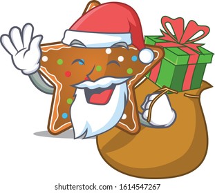Santa gingerbread star Cartoon character design having box of gift
