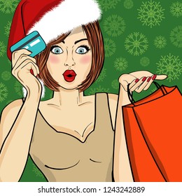 Santa Girl  with bags and credit card. Pop art illustration