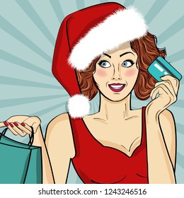 Santa Girl  with bags and credit card. Pop art illustration
