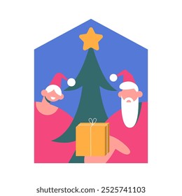 Santa Girl and Boy delivering presents from home with delivery service. Flat vector illustration in cartoon style.