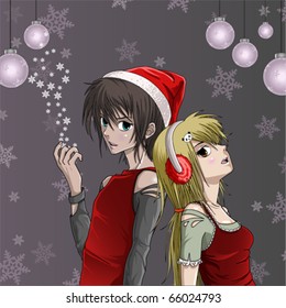 Santa Girl and Boy with snowflake background - Anime Style