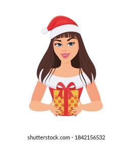 Santa girl brunette with a New Year's gift in her hands. Vector illustration, character design, sticker isolated on white background