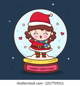 Santa girl in Christmas ball cartoon. X mas card (happy new year kids) kawaii vector for fairy tale book. Perfect make a wish for celebration party children, princess party, pattern, background.