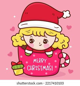 Santa girl in Christmas coffee. X mas card (happy new year kids) kawaii vector for fairy tale book. Perfect make a wish for celebration party children, princess party, pattern, background, wallpaper.