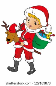 Santa girl with a gift in a red cap. Vector illustration for Christmas greetings