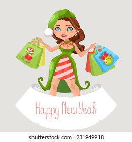 Santa Girl with gifts and shopping isolated on grey background