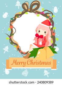 a Santa girl give a present to child.Can use for Christmas card 