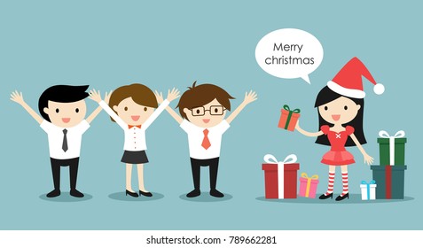 Santa girl is giving gift boxes and saying 'Merry Christmas'