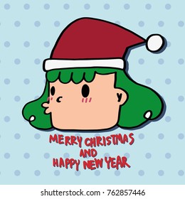 Santa girl green hair make funny face and funny mouth on blue polka doy background. Texts merry christmas and happy new year. Cute vector, Hoilday card, banner, website.