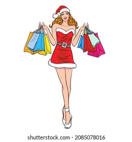 santa girl hold shopping bags Pop Art Comic Style