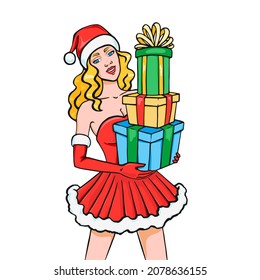 Santa girl holding gift boxes isolated on white background, pop art retro comic style Christmas character. Secret Santa