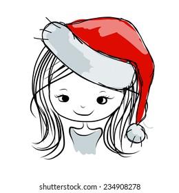 Santa girl portrait, sketch for your design. Vector illustration