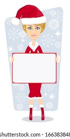 santa girl with a poster on a blue background