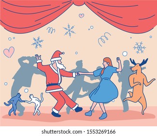 Santa, girl, reindeer and cat dance at Christmas party. hand drawn style vector design illustrations. 