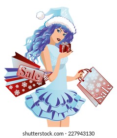 Santa girl with shopping bags , vector illustration