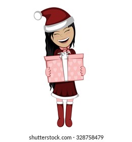 Santa girl with surprise - Lovely little black haired Santa Claus girl with a gift box
