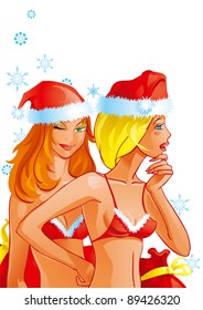 Santa Girls. Vector illustration  of two young women with red bikini, santa's caps and bags