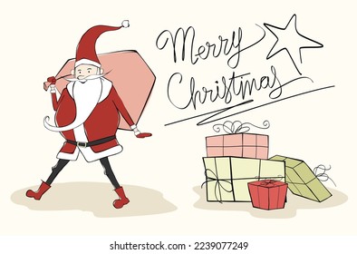 Santa give some presents with minimalist style. Christmas greeting card.