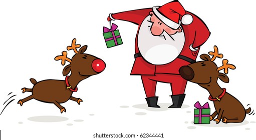 Santa gives Christmas gifts to his reindeer