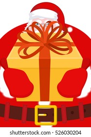 Santa gives gift for Christmas. Box with bow. Red ribbon and yellow case. holiday Illustration for new year. Xmas design template
