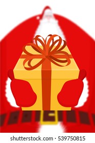 Santa gives gift for Christmas. Box with bow. Red ribbon and yellow case. holiday Illustration for new year. Xmas design template