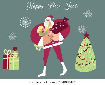 Santa gives a gift and holds a girl in his arms, it is snowing, a Christmas tree, gifts, Christmas. Inscription Happy New Year.