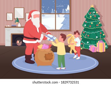 Santa gives gifts to children flat color vector illustration. Happy children receiving toys. Father Christmas 2D cartoon characters with traditional holiday decorations on background