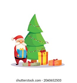 Santa gives gifts standing next to a decorated Christmas tree. Vector illustration. Christmas.