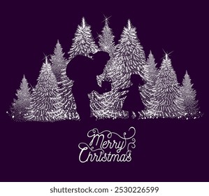 Santa gives a girl a present. Christmas card. Happy New Year . hand drawing. Not AI, Vector illustrations