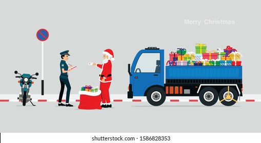 Santa gives police a driving license due to traffic violations.