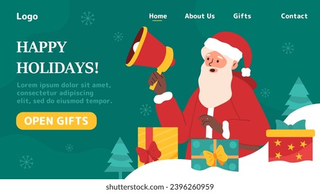 Santa gives presents banner. Man in red clothes with grey bird speak at loudspeaker. Winter holiday and festival. Christmas and New Year. Landing page design. Cartoon flat vector illustration