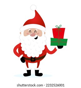 Santa gives you the gifts - illustration in cartoon style. Merry Christmas and happy new year. Funny characters in Santa's workshop.