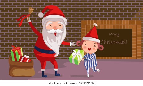 Santa giving Gift Box for little cute girl. Christmas night  near the fireplace at home. cartoon Vector illustrations.